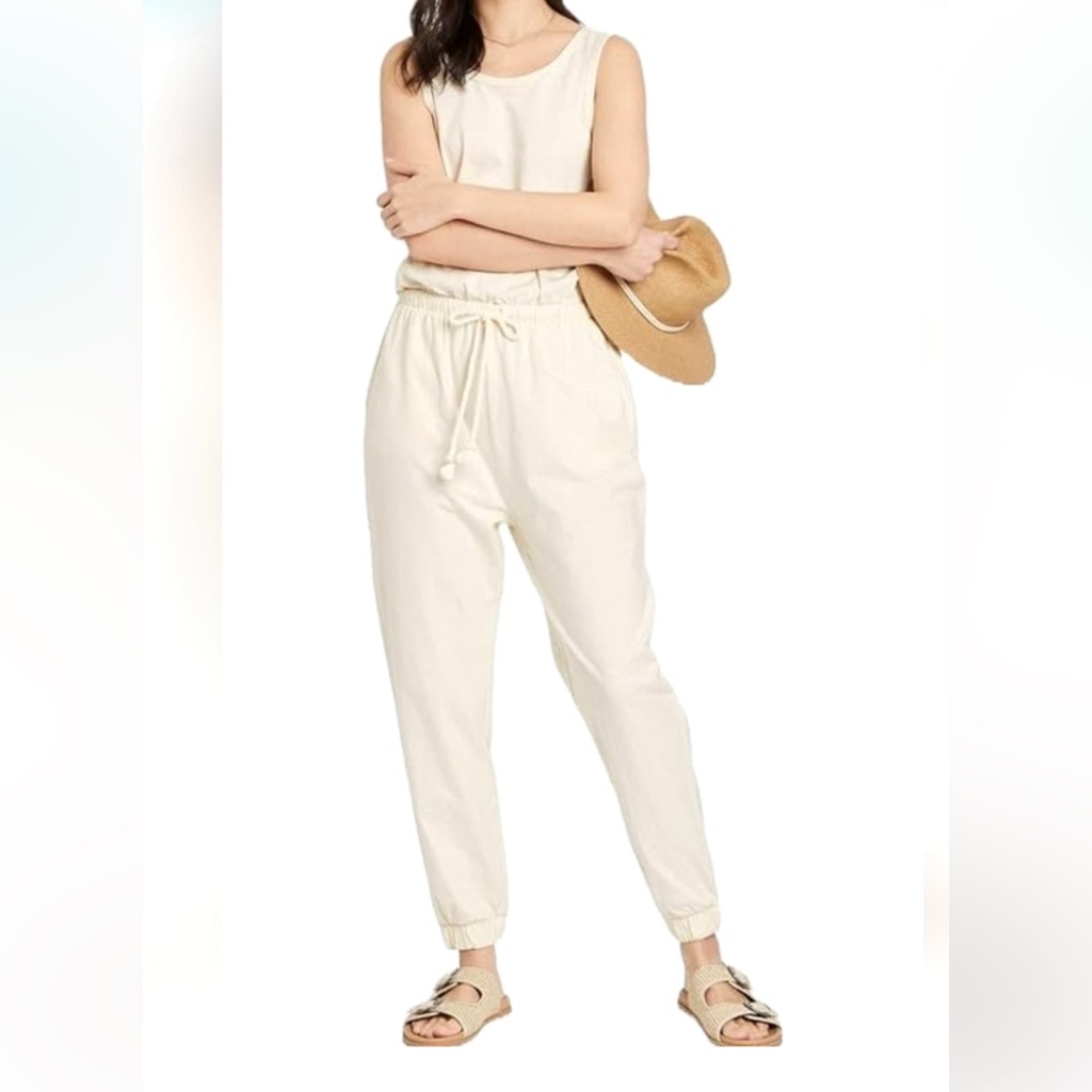 Universal Thread Ivory Cream Knit Jumpsuit Romper Drawstring Pockets Sz Xl